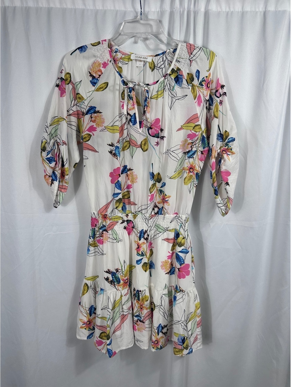 Yumi Kim Floral Print Mini Dress with Tie Neck and Elastic Waist Size Small